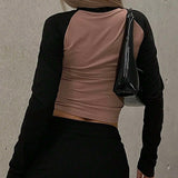 Camjuntoa de manga larga con cuello redondo para mujer con estampado y bloque de color