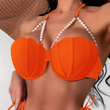 Bikini hueco de verano para mujer con adorno de perlas y cuello halter, realzado con copa y aro