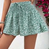 VCAY Shorts de pierna ancha para mujeres con cintura alta de estilo de vacaciones, corte holgado, cinturon anudado y estampado floral pequeno.