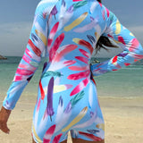 Swim SPRTY Traje de bano deportivo de una pieza con estampado Tie-Dye para mujer, perfecto para el verano en la playa