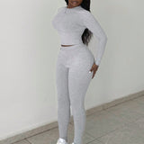 Slayr Conjunto de sueter y pantalones para mujer en gris brezo casual, ajuste delgado y alto estiramiento de 2 piezas