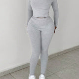 Slayr Conjunto de sueter y pantalones para mujer en gris brezo casual, ajuste delgado y alto estiramiento de 2 piezas