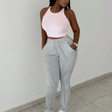 Slayr Pantalones deportivos basicos casuales gris ajustados para mujeres con elastico, cordon, bolsillo, linea divisoria - H