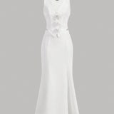 Aloruh Conjunto de dos piezas para mujer primavera-verano, compuesto por chaleco casual sin mangas decorado con flores 3D y falda larga con cola de pez en color blanco