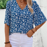 EMERY ROSE Blusa floja de vacaciones de mujer con estampado floral pequeno, cuello en V y mangas acampanadas