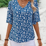 EMERY ROSE Blusa floja de vacaciones de mujer con estampado floral pequeno, cuello en V y mangas acampanadas