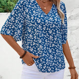 EMERY ROSE Blusa floja de vacaciones de mujer con estampado floral pequeno, cuello en V y mangas acampanadas