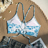 Bikini atractivo para mujeres con estampado floral aleatorio, espalda descubierta y lazo para playa de verano