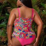 Swim Vcay Conjunto de tankini estampado de moda de talla grande para mujer en estilo de vacaciones de verano