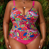 Swim Vcay Conjunto de tankini estampado de moda de talla grande para mujer en estilo de vacaciones de verano