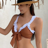 DAZY Top de traje de bano para mujeres con correas con ribetes de volantes y colores contrastantes para la playa en verano