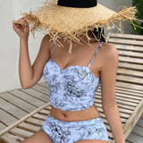 DAZY Conjunto de tankini para natacion de vacaciones de verano para mujer con diseno completo impreso en la parte superior Cami y fondo de triangulo con espalda fruncida