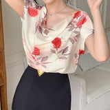 Camisa casual de verano para mujer con cuello drapeado y estampado floral de mangas cortas