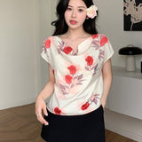 Camisa casual de verano para mujer con cuello drapeado y estampado floral de mangas cortas