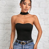 PETITE Mono negro reversible de cuello halter para mujeres