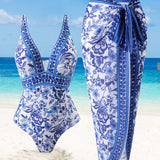 Swim Vcay Traje de bano de talla grande con estampado floral, escote en V, ajustado, de verano y falda para cubrir la playa