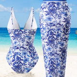 Swim Vcay Traje de bano de talla grande con estampado floral, escote en V, ajustado, de verano y falda para cubrir la playa