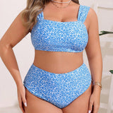 Swim Curve Conjunto de bikini estampado con cuello cuadrado de moda para mujeres de talla grande