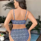 Swim Curve Conjunto de bikini de tirantes finos estampado completo para playa de verano en talla extra grande, traje de bano para vacaciones