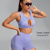 Sport Innovista Conjunto de entrenamiento para mujer, sosten deportivo y pantalon corto con malla transpirable y recorte, pantalon corto de spandex de cintura alta para uso diario y fitness