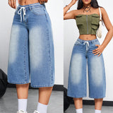 EZwear Jeans informales para mujer con corte holgado de pierna ancha y largo recortado con bolsillos
