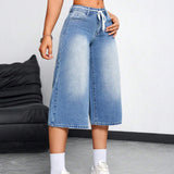 EZwear Jeans informales para mujer con corte holgado de pierna ancha y largo recortado con bolsillos