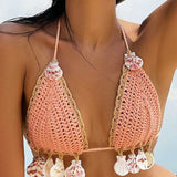 Swim Vcay Encubrimiento de playa de punto para mujer con decoracion de conchas y tirantes para las vacaciones de verano, playa de verano