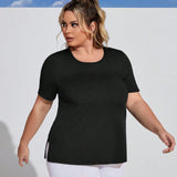 Camiseta deportiva de talla grande con diseno de quemadura ahuecado, mangas cortas con pequena abertura en el dobladillo, de moda