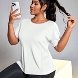 Yoga Basic Camiseta deportiva en talla grande para mujeres de unicolor, suelta de manga corta con bolsillos