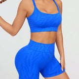 Conjunto de chaleco deportivo sin costuras y pantalon corto azul H821