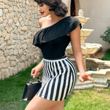 SXY Conjunto de verano para mujer que incluye una elegante blusa sin mangas de un solo hombro con ribete de volantes y una falda corta a rayas