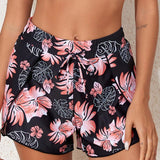 Pantalones Cortos De Bano De Estampado Tropical Para Mujer, Parte Inferior De Tankini De Traje De Bano De Cintura Alta