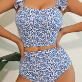 VCAY Conjunto de tankini estampado para mujer con dobladillo con volantes y bordes estampados para la playa de verano, impresion al azar