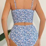 VCAY Conjunto de tankini estampado para mujer con dobladillo con volantes y bordes estampados para la playa de verano, impresion al azar