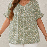 CURVE+ Blusa de manga con volantes en V con estampado floral de festival de musica campestre para mujeres de a grande en verano