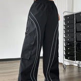 EZwear Pantalones de pierna ancha para el trabajo con bloques de color y cinta reflectante para uso casual