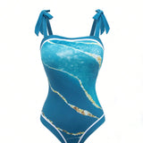 Swim Oasis Vestido de una pieza transparente con estampado aleatorio para mujer