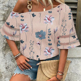 LUNE Camisa asimetrica con cuello con estampado floral estilo de vacaciones y con parche de malla para el tiempo libre