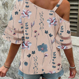 LUNE Camisa asimetrica con cuello con estampado floral estilo de vacaciones y con parche de malla para el tiempo libre