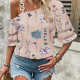 LUNE Camisa asimetrica con cuello con estampado floral estilo de vacaciones y con parche de malla para el tiempo libre