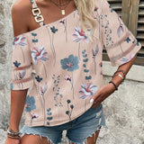 LUNE Camisa asimetrica con cuello con estampado floral estilo de vacaciones y con parche de malla para el tiempo libre