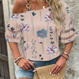 LUNE Camisa asimetrica con cuello con estampado floral estilo de vacaciones y con parche de malla para el tiempo libre