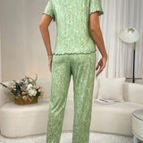Conjunto Casual de pijama para mujer con estampado completo en mangas cortas y pantalones largos con ribete de volantes