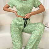 Conjunto Casual de pijama para mujer con estampado completo en mangas cortas y pantalones largos con ribete de volantes