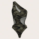 ICON Body sexy de hombro descubierto con estampado de camuflaje y agujeros para mujer