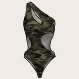 ICON Body sexy de hombro descubierto con estampado de camuflaje y agujeros para mujer