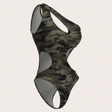 ICON Body sexy de hombro descubierto con estampado de camuflaje y agujeros para mujer