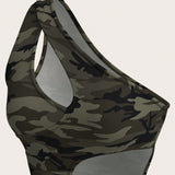 ICON Body sexy de hombro descubierto con estampado de camuflaje y agujeros para mujer