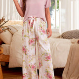 Serenescape Pijama con flores de color contrastante y lazo, conjunto de pijamas corto/largo