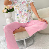 Conjunto de pijama de seda de leche para mujer, 140g, impreso digitalmente, PJS1